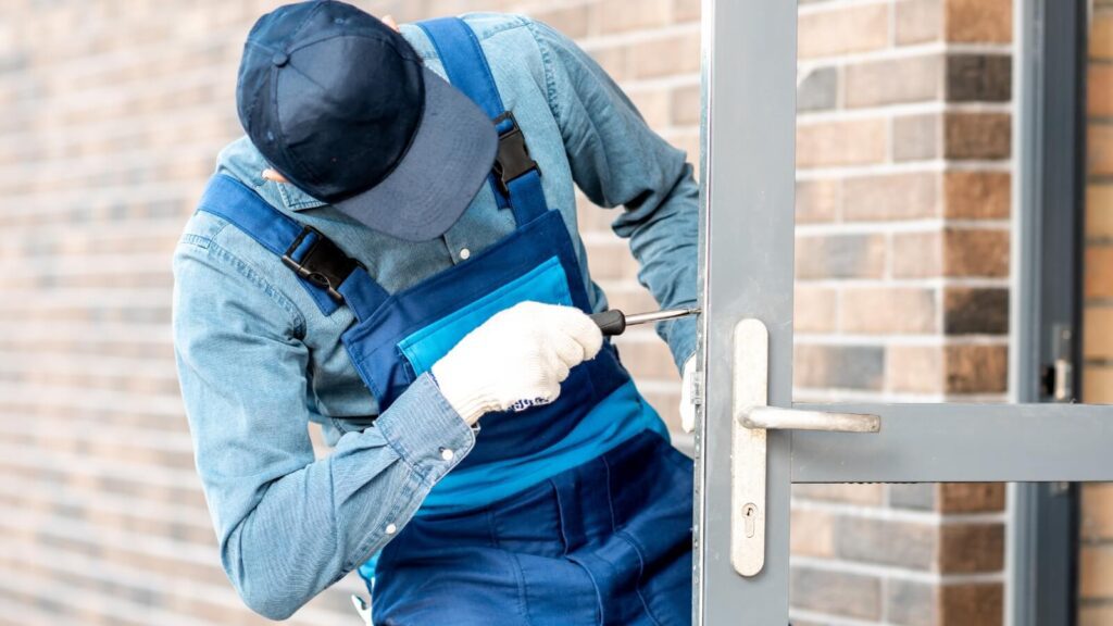 man fixing the door with a screwdriver