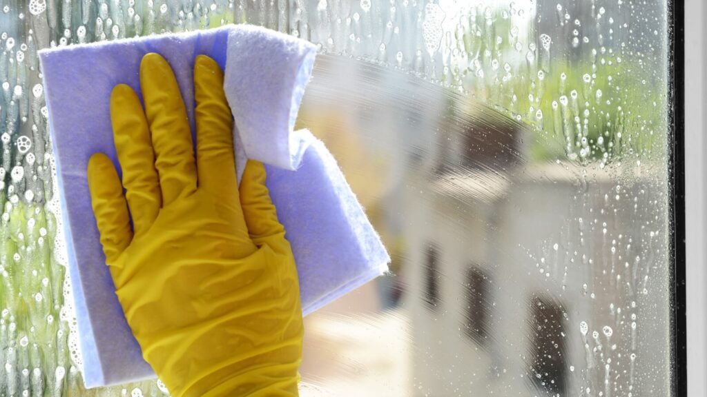 Person cleaning window