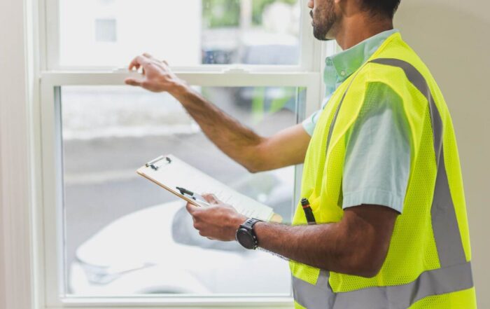 estimator in yellow vest looking at a window