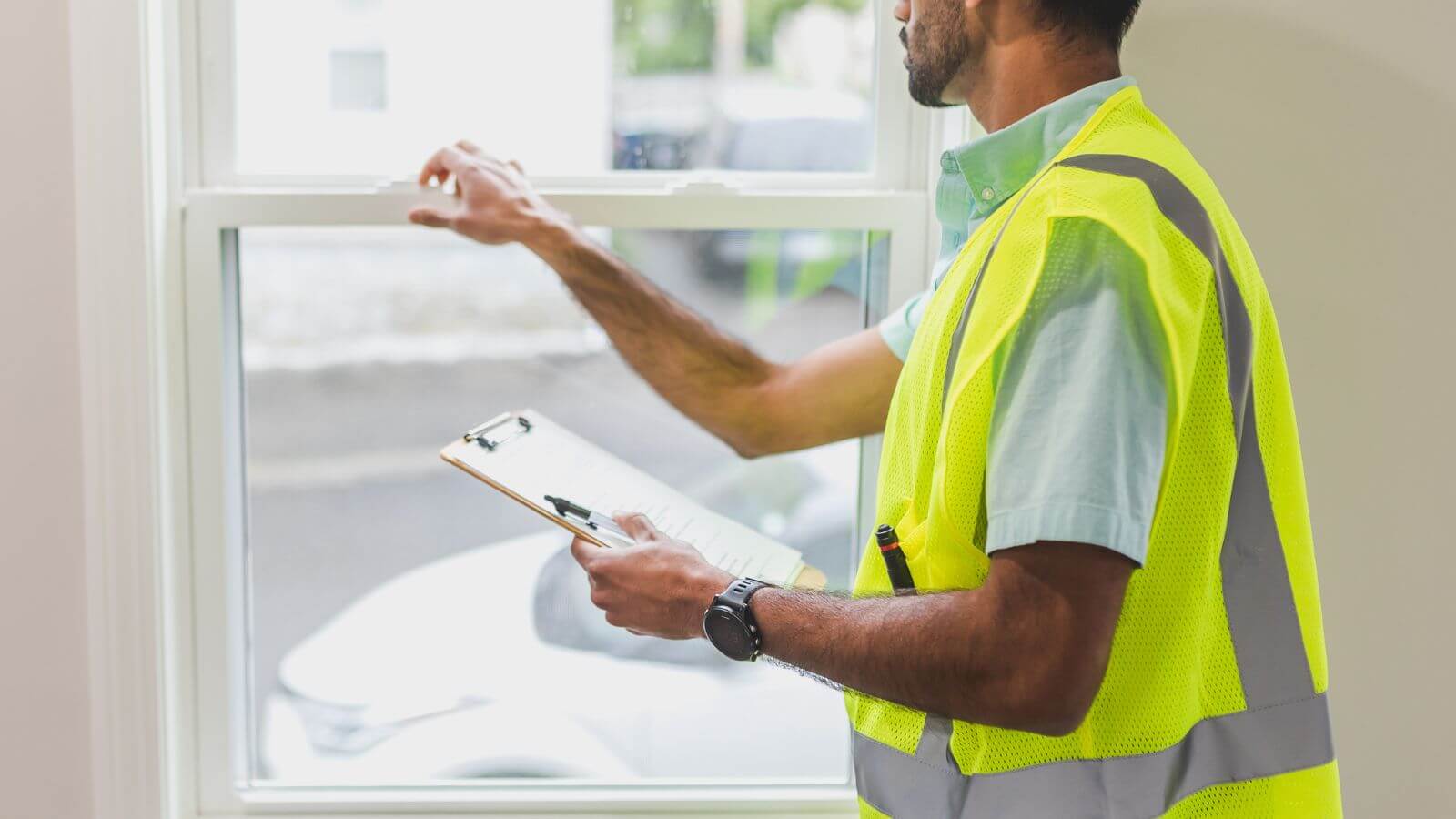 estimator in yellow vest looking at a window