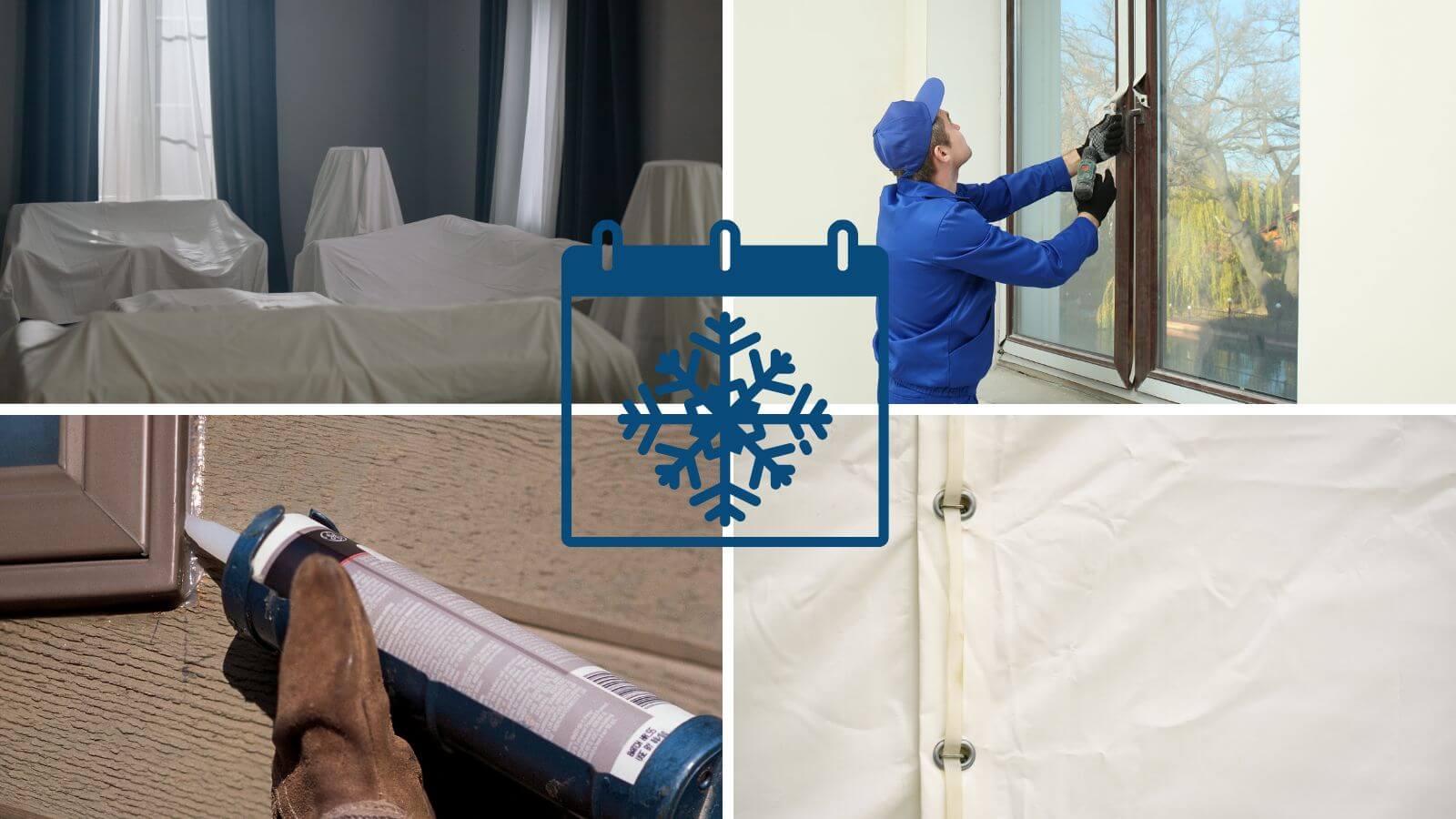 collage of 4 winter window installations with a winter calendar overlay